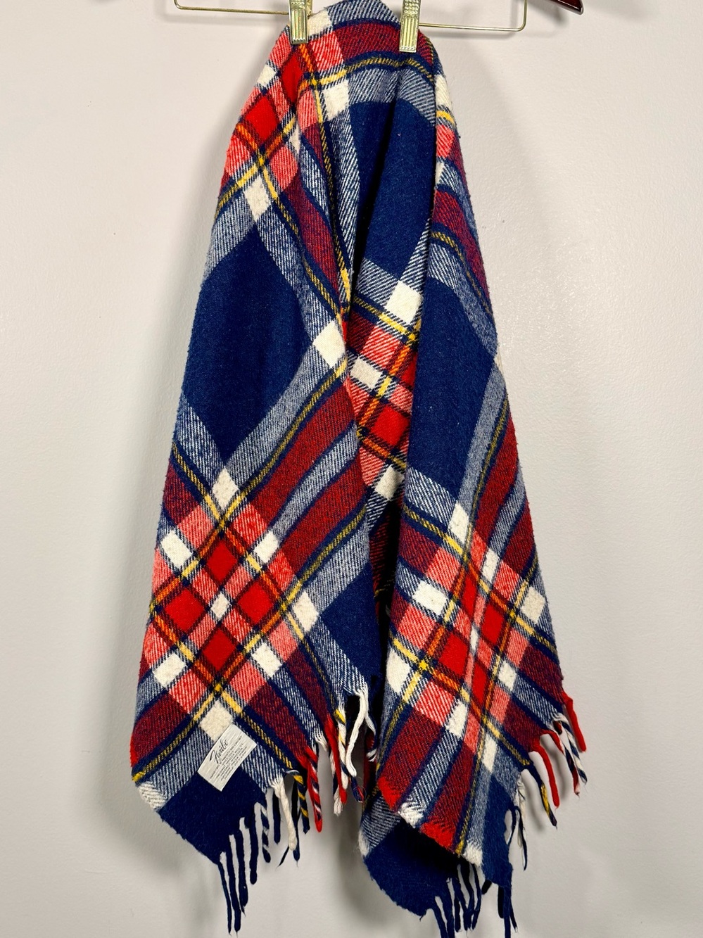 VTG Faribo Throw Blanket Wool Tartan Plaid Fringe Stadium Fall Blue Red Yellow